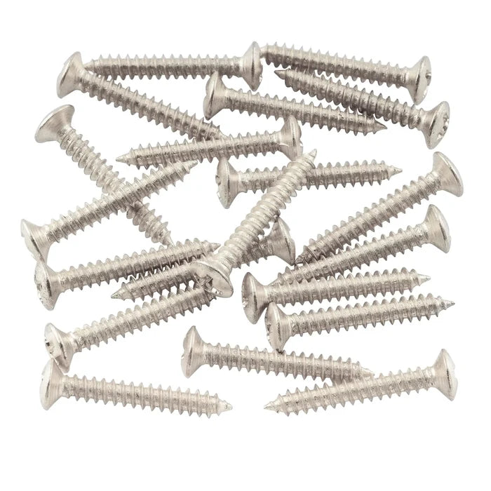 Set of 20 Musiclily Chrome 3x22mm guitar bridge mounting countersunk screws, showing shiny metal screws on a white background.