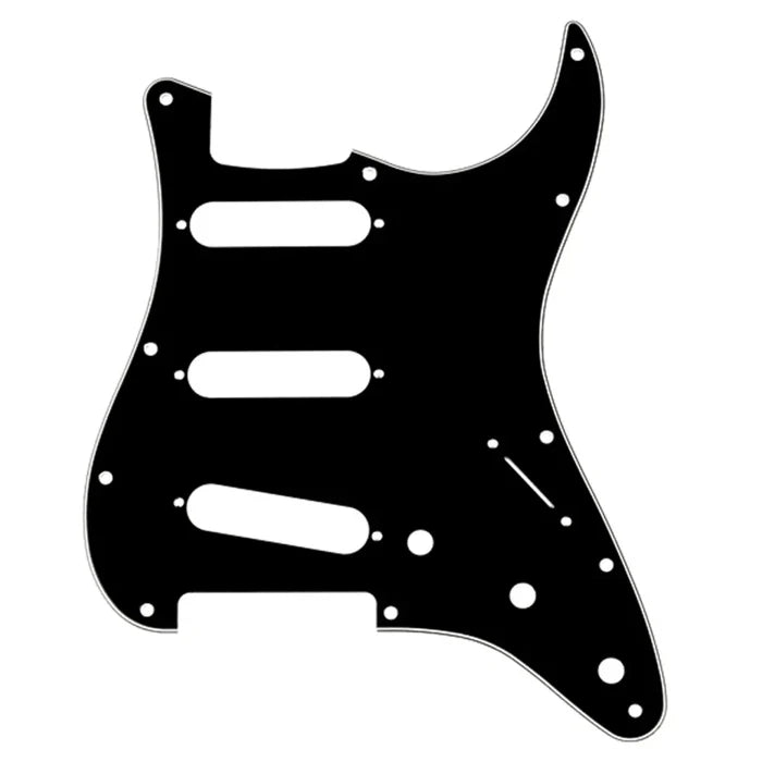 Musiclily Pro SSS 11-Hole Strat guitar pickguard in black, 3-ply for Fender USA/Mexican Standard Strat guitars, modern style.