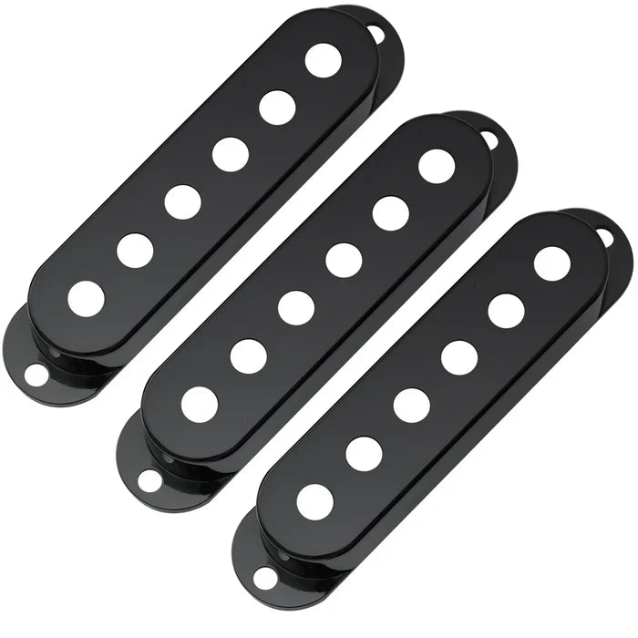 Musiclily Pro plastic guitar single coil pickup covers for USA and Mexico Strat in black, showing the sleek, durable design.