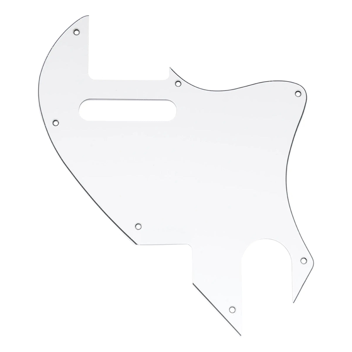 Musiclily Pro 7 Holes guitar pickguard for Fender F-Hole hybrid Tele style electric guitar, 3-ply white color, showing the detailed design