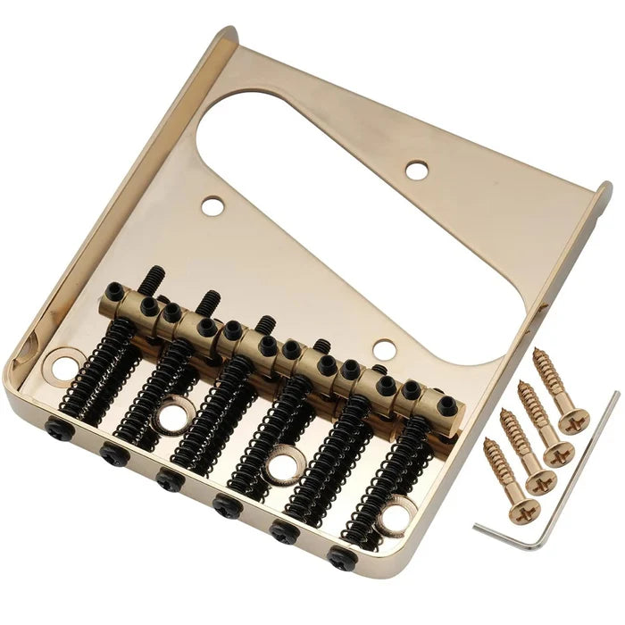 Musiclily Pro BT009 54mm Vintage Style Guitar Bridge with Barrel Brass 6-Saddle and Steel Plate for Squier & Imported Tele Style Electric Guitar Gold