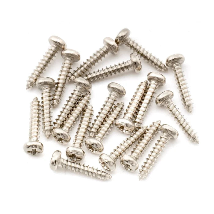 Musiclily stainless steel pan head mounting screws for acoustic electric guitar bass tuners, set of 20 nickel finish, 10mm size.