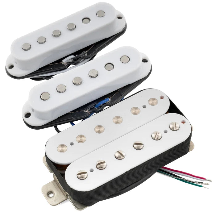 Musiclily Pro ST-60SE Alnico 5 Staggered Single Coil Pickups and Uncovered Humbucker ST-HSS Neck Middle Bridge Pickups Set for Strat Style Electric Guitar White
