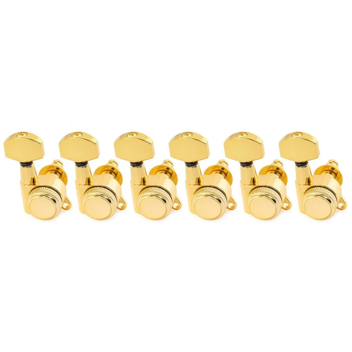 Musiclily Pro R18K-04 6-in-line 18:1 Ratio Full Sealed Locking Machine Heads Tuners Tuning Pegs Keys with Hex Button 45 Degree Screw for Strat Tele Style Electric Guitar 6R Gold