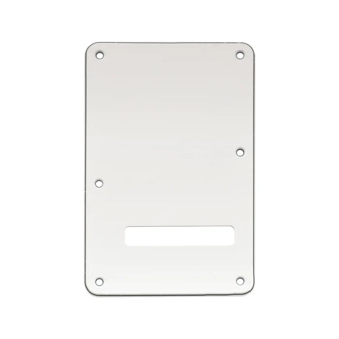 Musiclily Pro 6-hole Squier Sonic Strat SSS electric guitar backplate in white, 3-ply plastic, designed for Squier Strat models.
