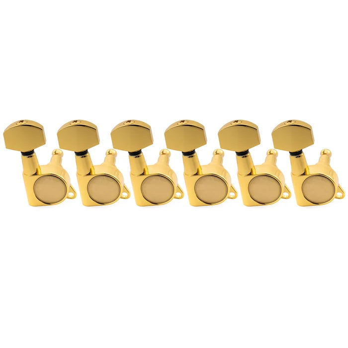 Musiclily Pro R18K-17 6-in-line 18:1 Ratio Full Sealed Machine Heads Tuners Tuning Pegs Keys with Hex Button for Strat Tele Style Electric Guitar 6R Gold