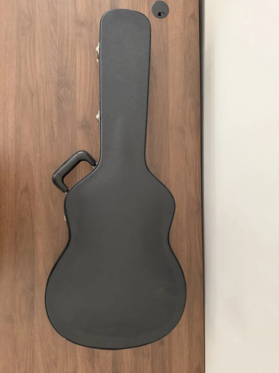 Used Alvarez hollow body electric guitar hardshell case in black, showcasing durable exterior and plush interior lining.