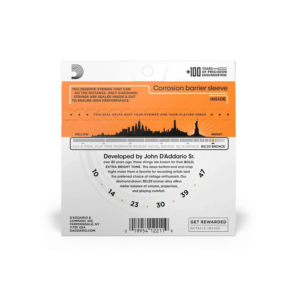 D'Addario EJ10 80/20 Bronze acoustic guitar strings in extra light gauge, displayed in packaging.