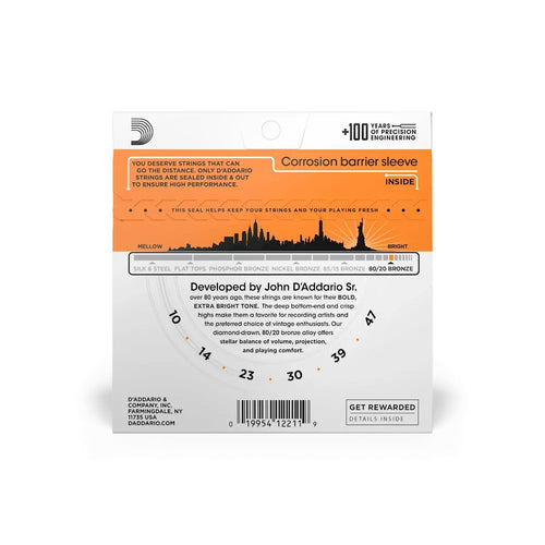D'Addario EJ10 80/20 Bronze acoustic guitar strings in extra light gauge, displayed in packaging.