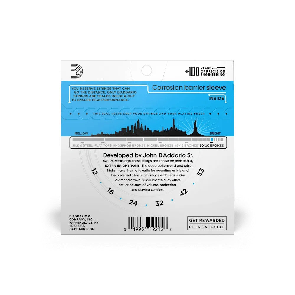 D'Addario EJ11 80/20 Bronze Acoustic Guitar Strings set, light gauge 12-53, in clear packaging on a wooden surface.