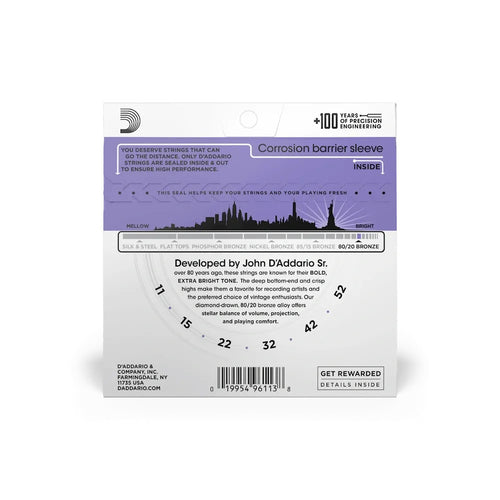 D'Addario EJ13 80/20 Bronze Acoustic Guitar Strings set 11-52 Custom Light in packaging, showcasing string gauges and design.