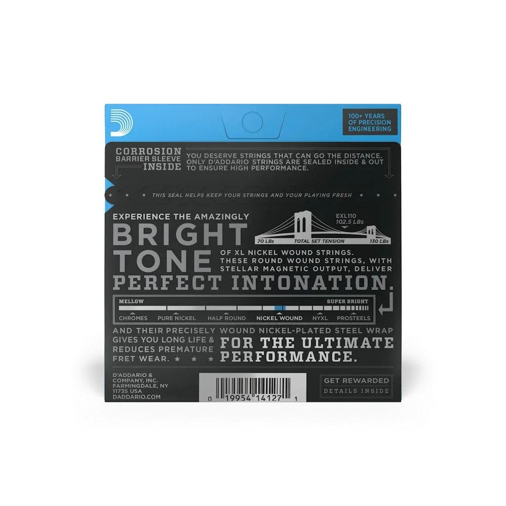 D'Addario EXL110 XL Nickel Electric Guitar Strings set, 10-46 Regular Light, showcasing packaging and string gauge.