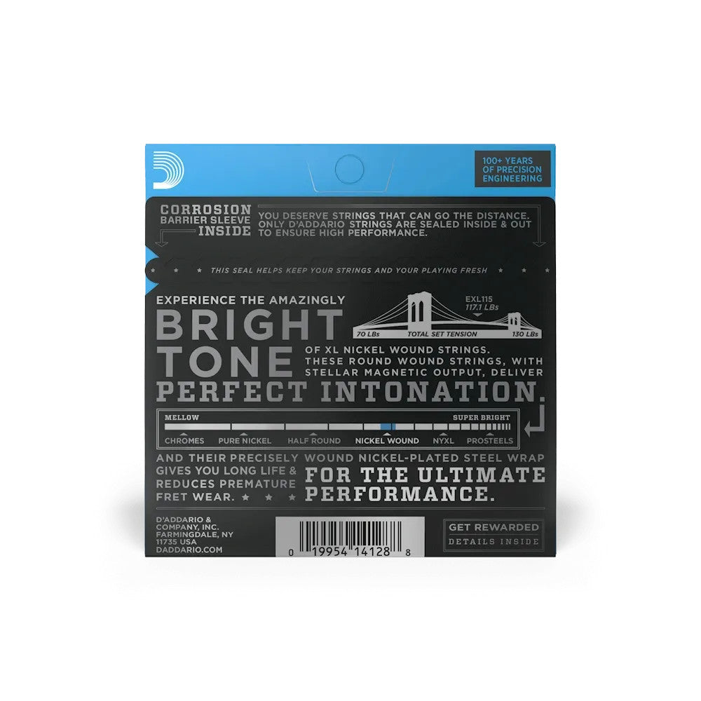 D'Addario EXL115 XL Nickel Electric Guitar Strings set, medium gauge 11-49, displayed in packaging on a wooden surface.