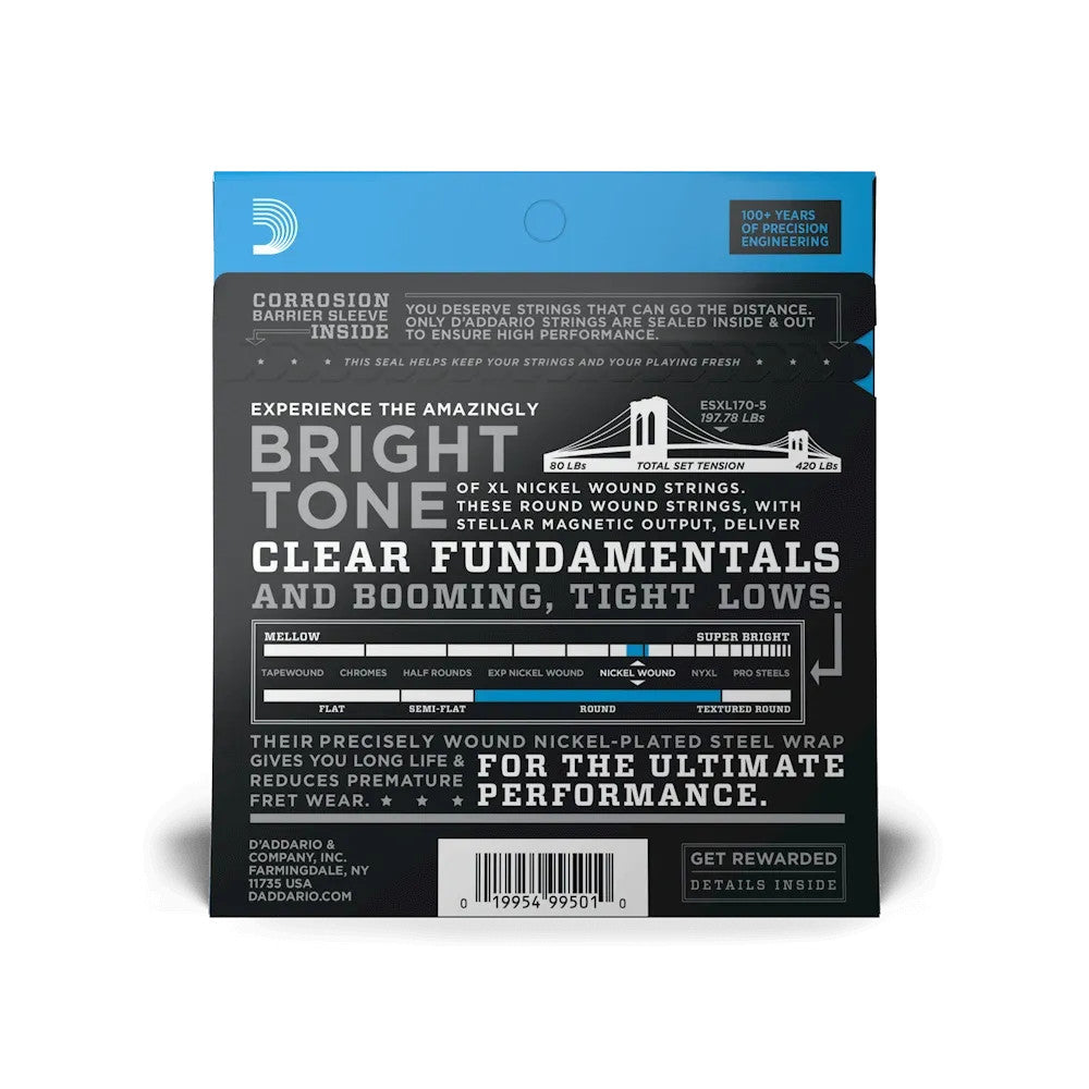 D'Addario EXL170-5 XL Nickel Bass Strings set for 5-string bass, gauges 45-130, showcasing vibrant silver finish.