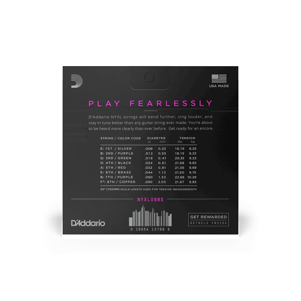 D'Addario NYXL 0980 electric guitar strings set, super light 8-string, showcasing vibrant packaging and string details.