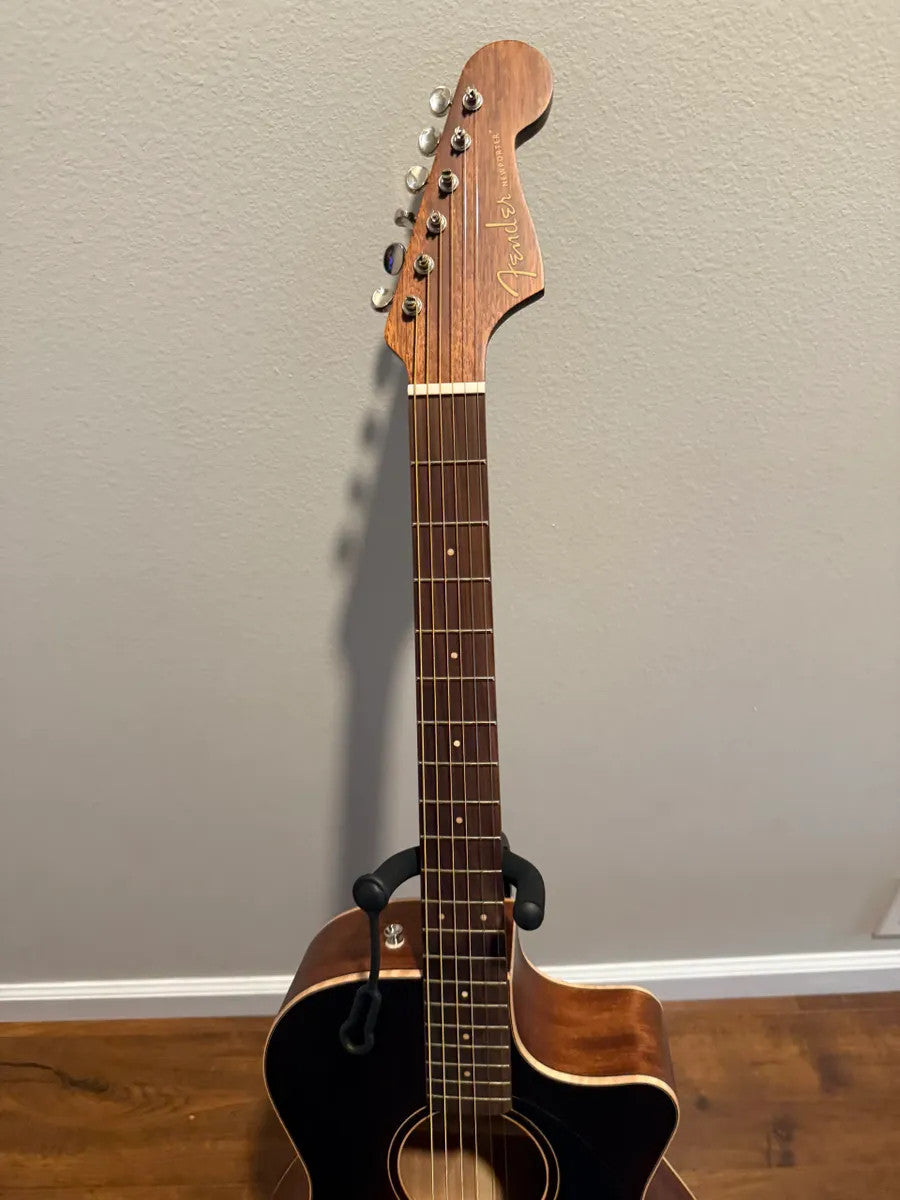 Used Fender Newporter Special acoustic electric guitar with case, showcasing a sleek design and good condition.