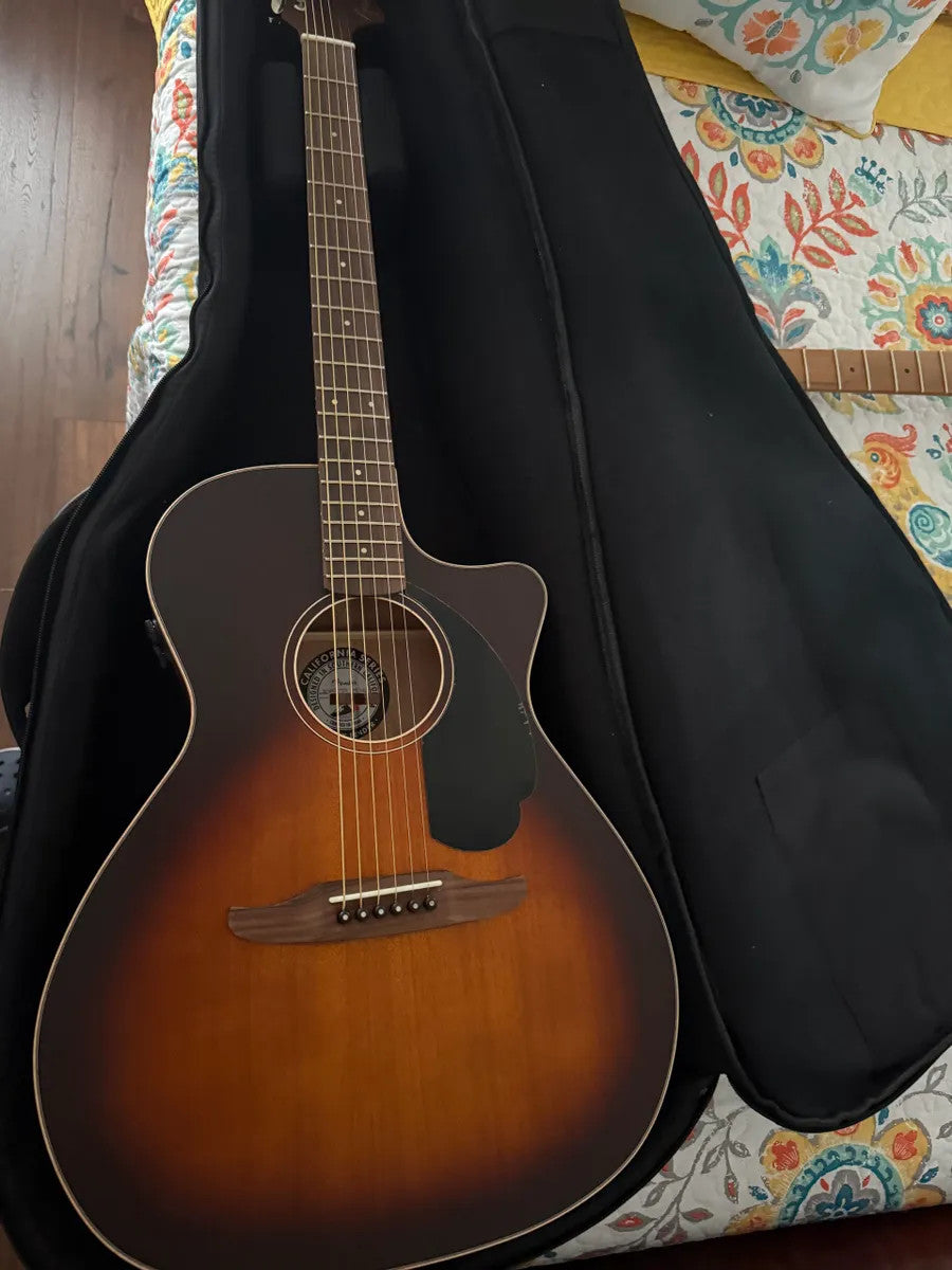 Fender Newporter Special acoustic electric guitar with case, used, in great condition, showcasing body and neck details.