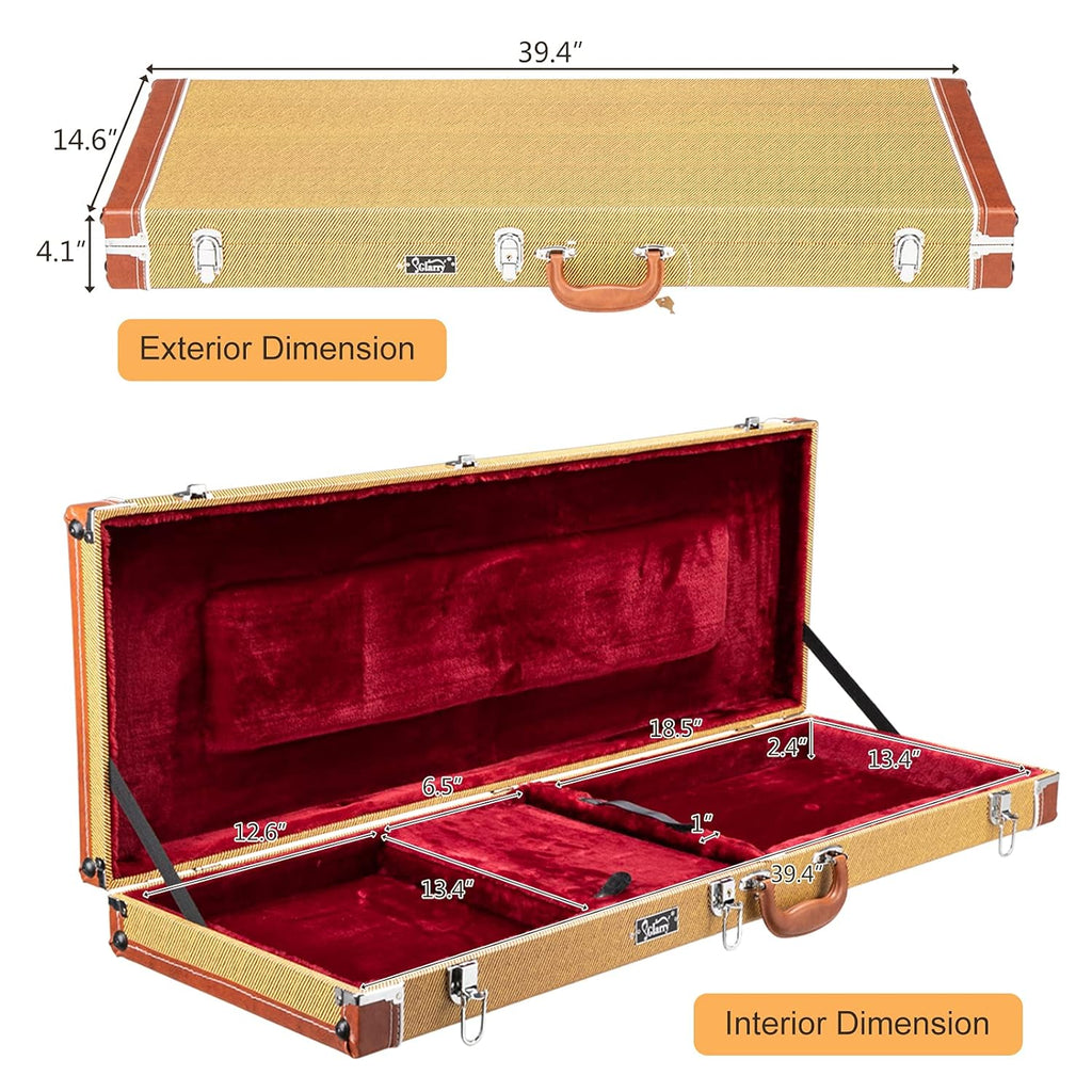 Palm Harbor Music yellow tweed hard case for Glarry high grade electric guitar, featuring a sturdy design and textured finish.