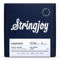 Stringjoy Signatures balanced light gauge guitar strings in nickel wound, 10-48 gauge, displayed in a neat packaging.