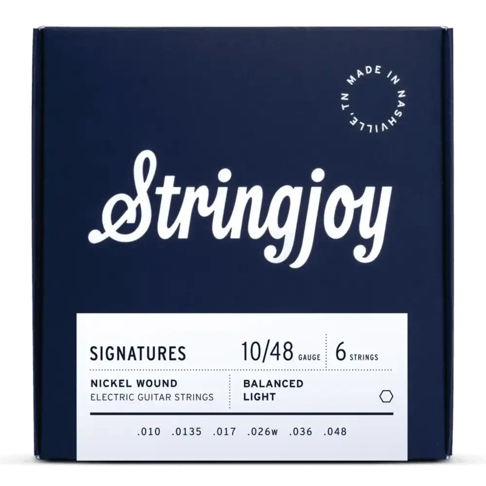Stringjoy Signatures balanced light gauge guitar strings in nickel wound, 10-48 gauge, displayed in a neat packaging.