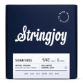 Stringjoy Signatures balanced super light gauge nickel wound guitar strings, 9-42, displayed in a vibrant packaging.