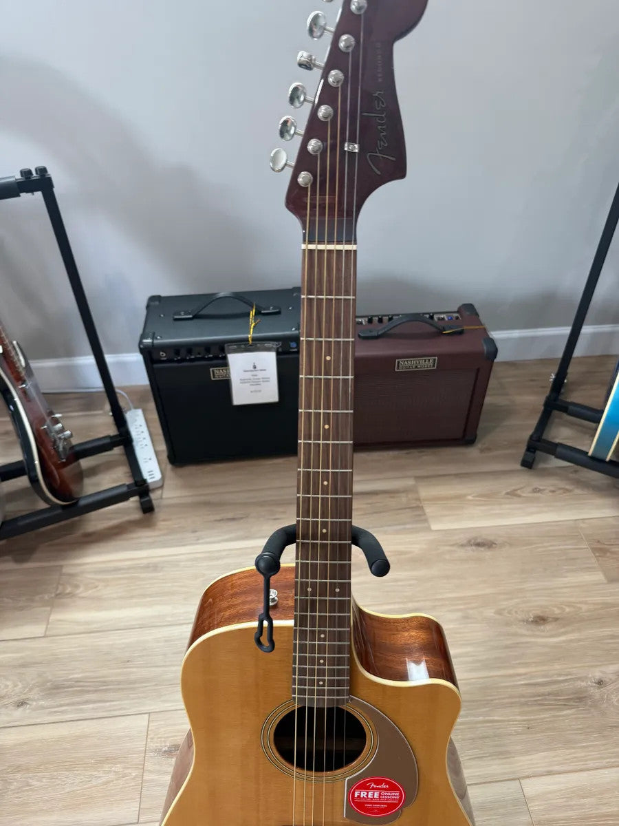 Used Fender Redondo Player Acoustic Electric Guitar in red, showcasing the body shape and fretboard details.